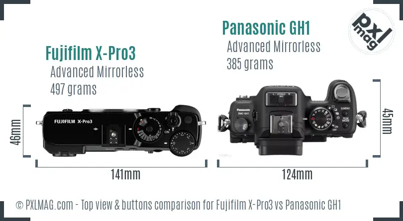 Fujifilm X-Pro3 vs Panasonic GH1 top view buttons comparison