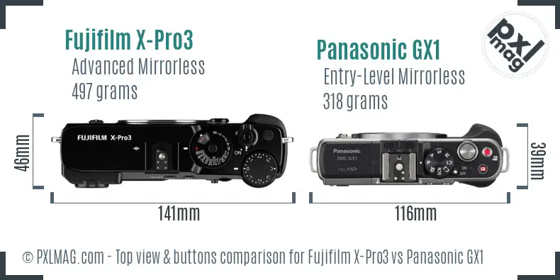 Fujifilm X-Pro3 vs Panasonic GX1 top view buttons comparison