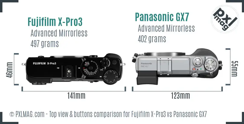 Fujifilm X-Pro3 vs Panasonic GX7 top view buttons comparison