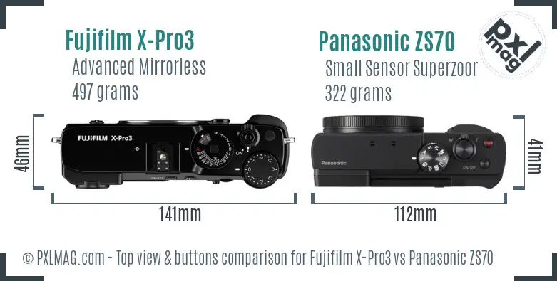Fujifilm X-Pro3 vs Panasonic ZS70 top view buttons comparison