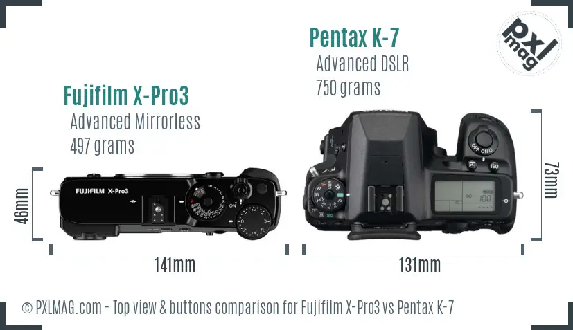 Fujifilm X-Pro3 vs Pentax K-7 top view buttons comparison