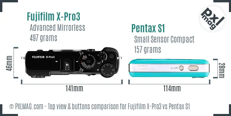 Fujifilm X-Pro3 vs Pentax S1 top view buttons comparison