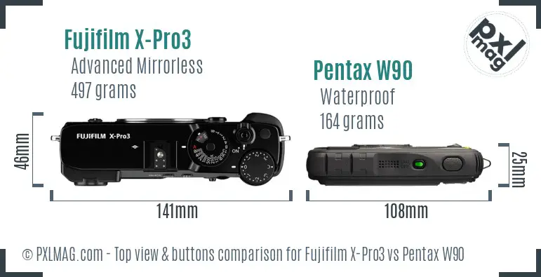 Fujifilm X-Pro3 vs Pentax W90 top view buttons comparison