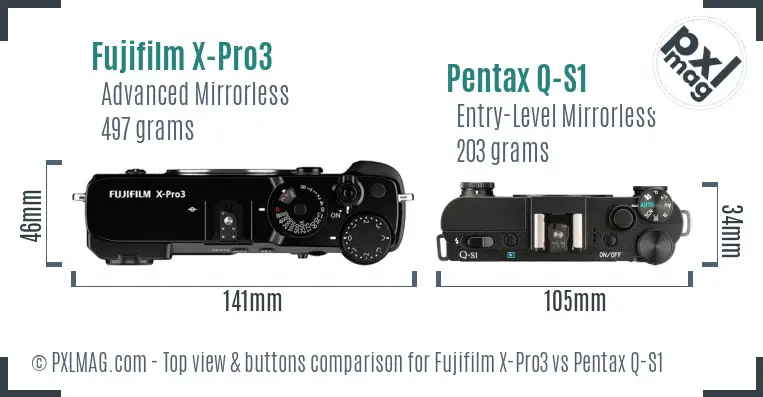Fujifilm X-Pro3 vs Pentax Q-S1 top view buttons comparison