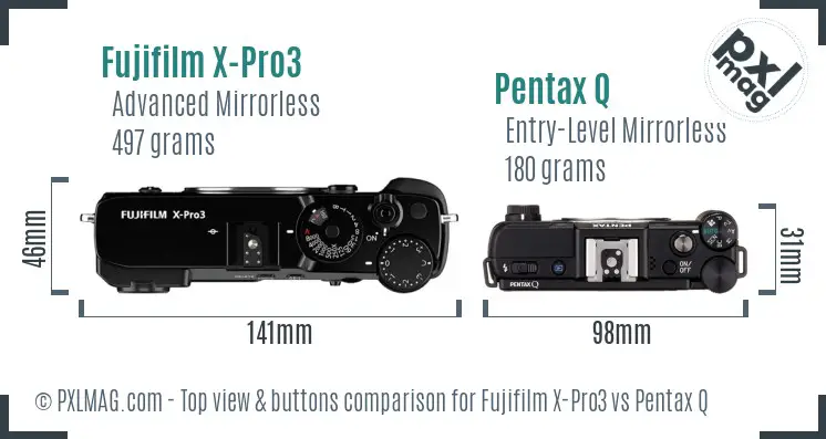 Fujifilm X-Pro3 vs Pentax Q top view buttons comparison