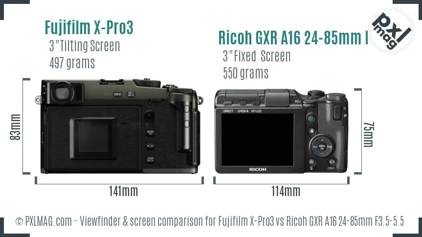 Fujifilm X-Pro3 vs Ricoh GXR A16 24-85mm F3.5-5.5 Screen and Viewfinder comparison