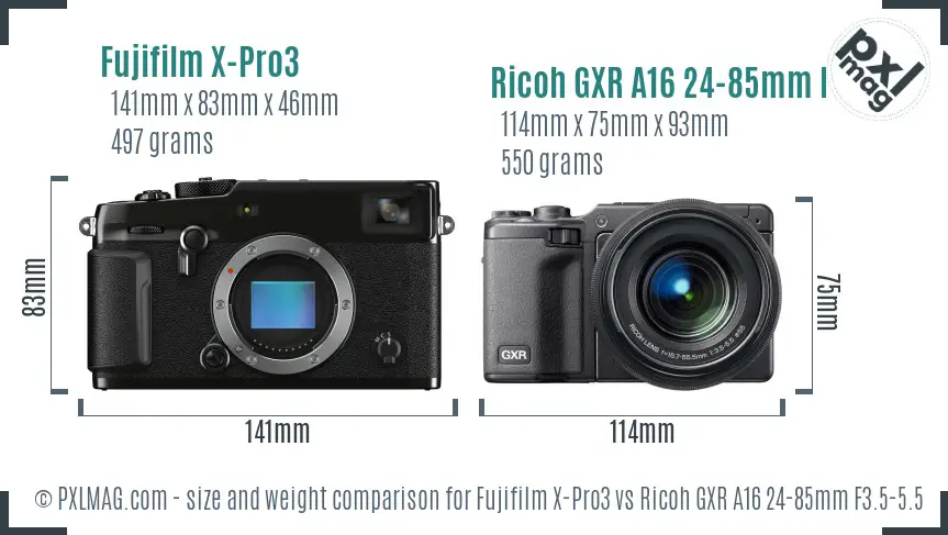 Fujifilm X-Pro3 vs Ricoh GXR A16 24-85mm F3.5-5.5 size comparison