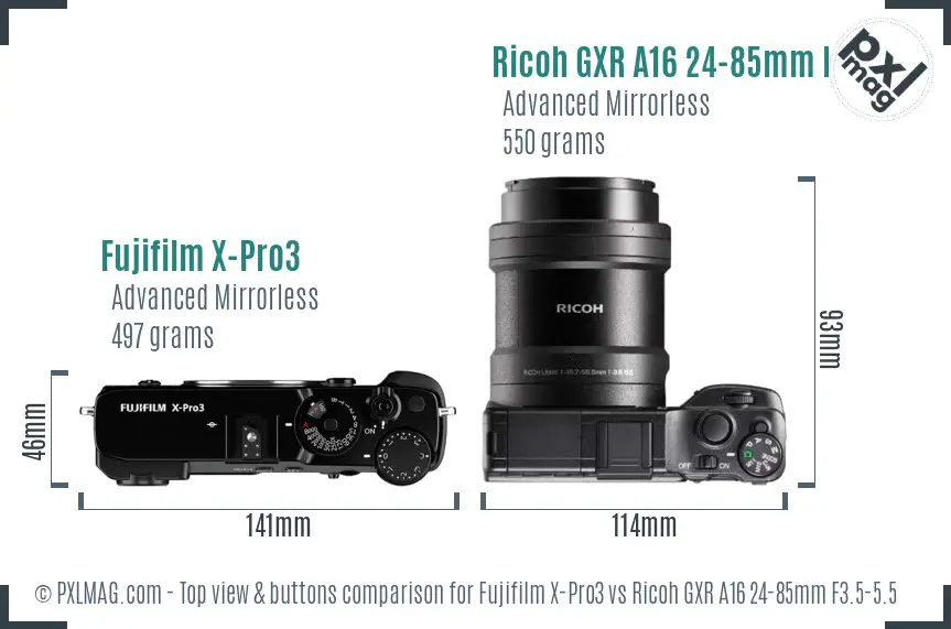 Fujifilm X-Pro3 vs Ricoh GXR A16 24-85mm F3.5-5.5 top view buttons comparison