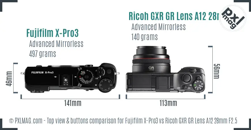 Fujifilm X-Pro3 vs Ricoh GXR GR Lens A12 28mm F2.5 top view buttons comparison