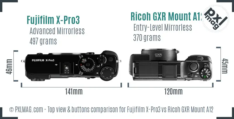 Fujifilm X-Pro3 vs Ricoh GXR Mount A12 top view buttons comparison