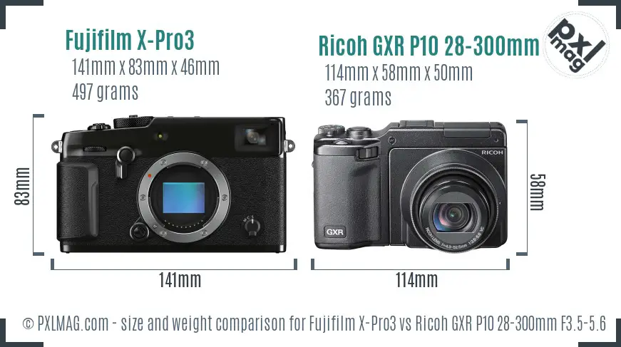 Fujifilm X-Pro3 vs Ricoh GXR P10 28-300mm F3.5-5.6 VC size comparison