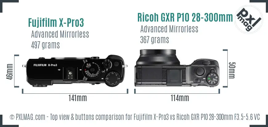 Fujifilm X-Pro3 vs Ricoh GXR P10 28-300mm F3.5-5.6 VC top view buttons comparison