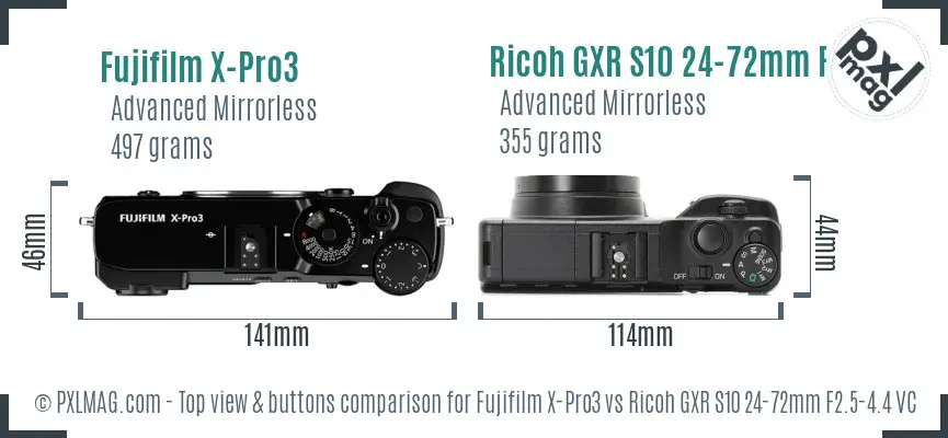 Fujifilm X-Pro3 vs Ricoh GXR S10 24-72mm F2.5-4.4 VC top view buttons comparison