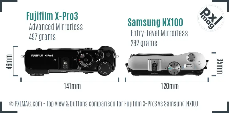 Fujifilm X-Pro3 vs Samsung NX100 top view buttons comparison