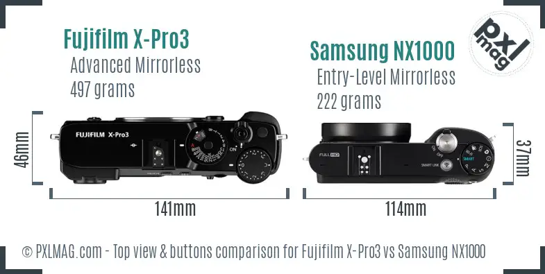 Fujifilm X-Pro3 vs Samsung NX1000 top view buttons comparison