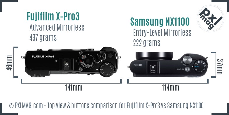 Fujifilm X-Pro3 vs Samsung NX1100 top view buttons comparison