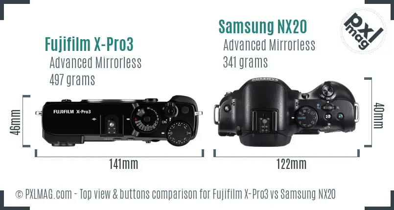 Fujifilm X-Pro3 vs Samsung NX20 top view buttons comparison Fujifilm X-Pro3 vs Samsung NX20 top view buttons comparison