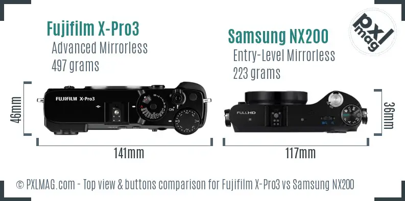 Fujifilm X-Pro3 vs Samsung NX200 top view buttons comparison