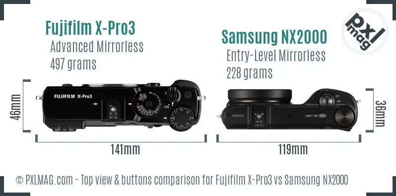 Fujifilm X-Pro3 vs Samsung NX2000 top view buttons comparison