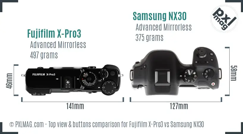 Fujifilm X-Pro3 vs Samsung NX30 top view buttons comparison Fujifilm X-Pro3 vs Samsung NX30 top view buttons comparison