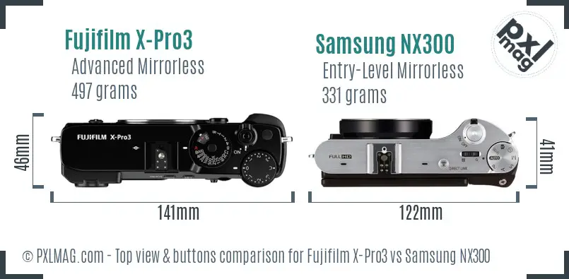 Fujifilm X-Pro3 vs Samsung NX300 top view buttons comparison Fujifilm X-Pro3 vs Samsung NX300 top view buttons comparison