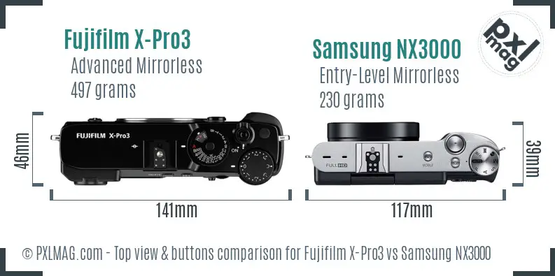 Fujifilm X-Pro3 vs Samsung NX3000 top view buttons comparison