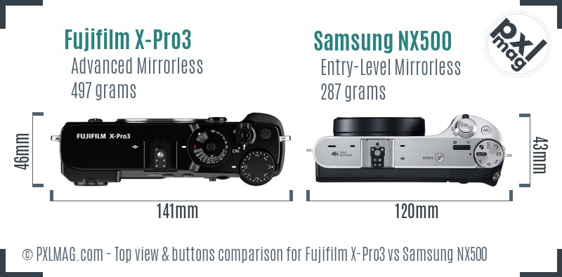 Fujifilm X-Pro3 vs Samsung NX500 top view buttons comparison
