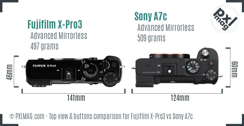 Fujifilm X-Pro3 vs Sony A7c top view buttons comparison