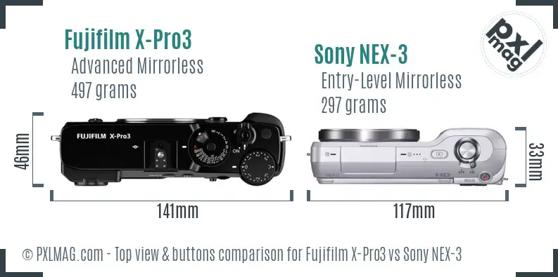 Fujifilm X-Pro3 vs Sony NEX-3 top view buttons comparison