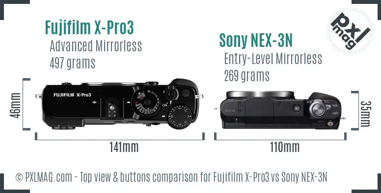 Fujifilm X-Pro3 vs Sony NEX-3N top view buttons comparison