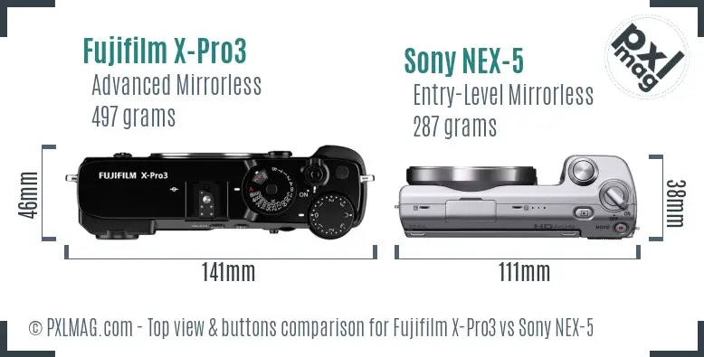 Fujifilm X-Pro3 vs Sony NEX-5 top view buttons comparison Fujifilm X-Pro3 vs Sony NEX-5 top view buttons comparison
