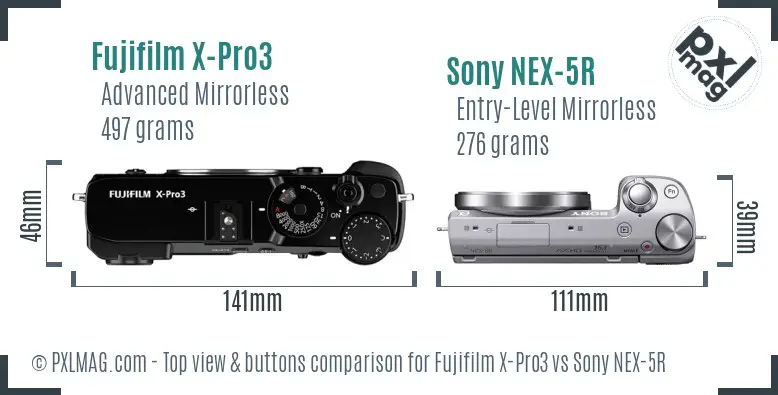 Fujifilm X-Pro3 vs Sony NEX-5R top view buttons comparison