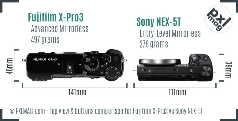 Fujifilm X-Pro3 vs Sony NEX-5T top view buttons comparison Fujifilm X-Pro3 vs Sony NEX-5T top view buttons comparison