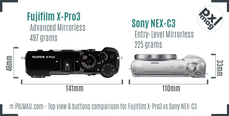 Fujifilm X-Pro3 vs Sony NEX-C3 top view buttons comparison