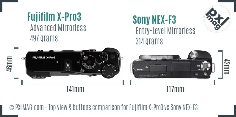 Fujifilm X-Pro3 vs Sony NEX-F3 top view buttons comparison