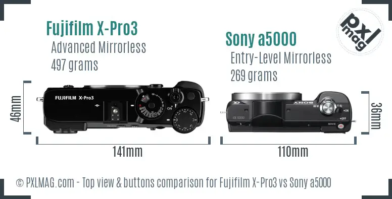 Fujifilm X-Pro3 vs Sony a5000 top view buttons comparison Fujifilm X-Pro3 vs Sony a5000 top view buttons comparison