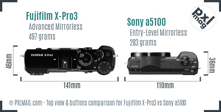Fujifilm X-Pro3 vs Sony a5100 top view buttons comparison