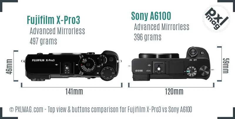 Fujifilm X-Pro3 vs Sony A6100 top view buttons comparison