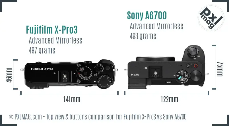 Fujifilm X-Pro3 vs Sony A6700 top view buttons comparison