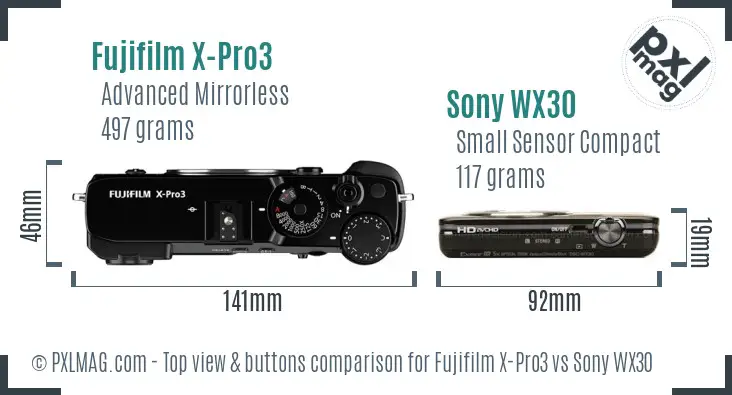 Fujifilm X-Pro3 vs Sony WX30 top view buttons comparison