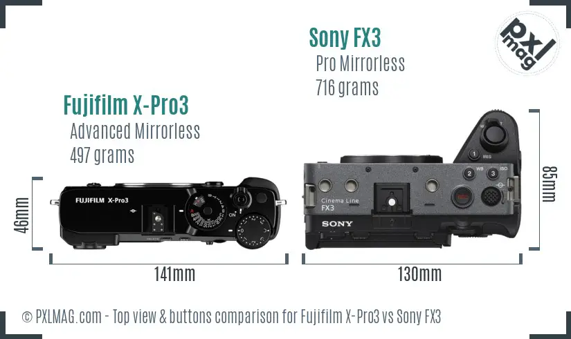 Fujifilm X-Pro3 vs Sony FX3 top view buttons comparison Fujifilm X-Pro3 vs Sony FX3 top view buttons comparison