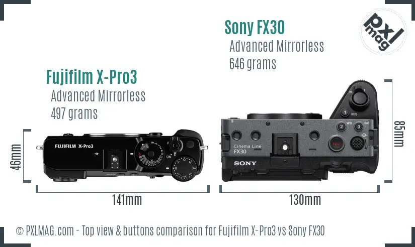 Fujifilm X-Pro3 vs Sony FX30 top view buttons comparison