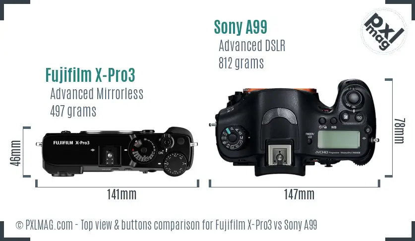 Fujifilm X-Pro3 vs Sony A99 top view buttons comparison