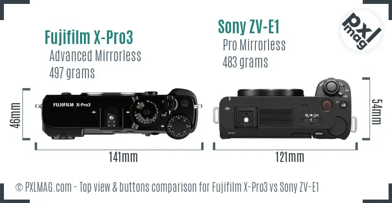 Fujifilm X-Pro3 vs Sony ZV-E1 top view buttons comparison Fujifilm X-Pro3 vs Sony ZV-E1 top view buttons comparison