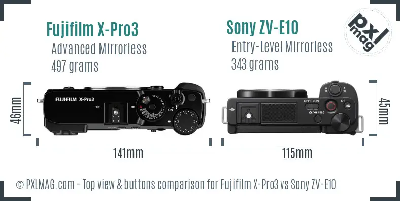 Fujifilm X-Pro3 vs Sony ZV-E10 top view buttons comparison