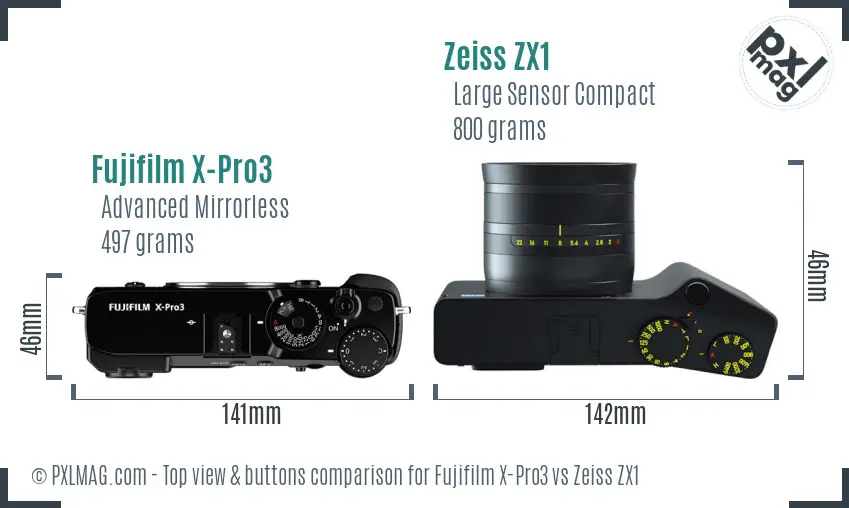 Fujifilm X-Pro3 vs Zeiss ZX1 top view buttons comparison