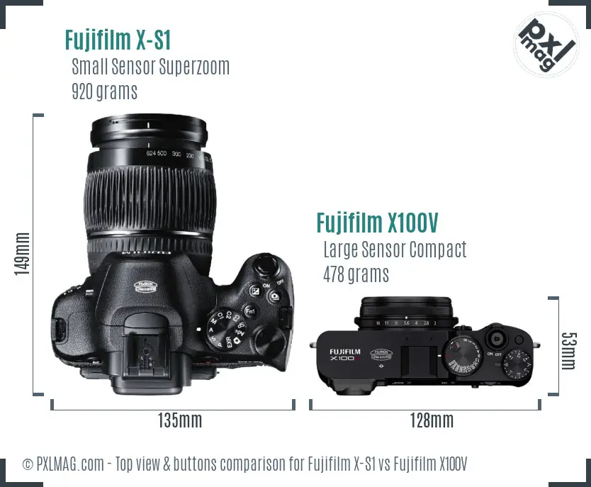 Fujifilm X-S1 vs Fujifilm X100V top view buttons comparison