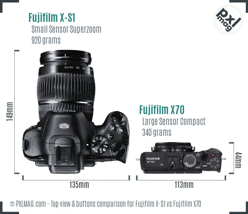 Fujifilm X-S1 vs Fujifilm X70 top view buttons comparison