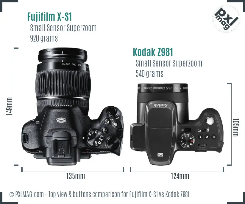 Fujifilm X-S1 vs Kodak Z981 top view buttons comparison