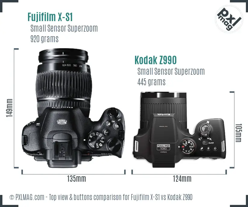 Fujifilm X-S1 vs Kodak Z990 top view buttons comparison
